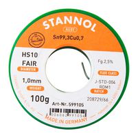 STANNOL HS10 FAIR, 1.0MM, 100G SOLDER WIRE, 99.3/0.7 SN/CU, 100G