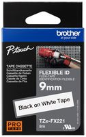 BROTHER TZEFX221 TAPE, 9MM, BLACK/WHITE, FLEXIBLE