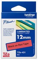 BROTHER TZE-431 TAPE, BLACK ON RED, 12MM W, 8M L