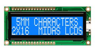 MIDAS DISPLAYS MC21605G6WR-BNMLW-V2 Alphanumeric LCD, 16 x 2, White on Blue, 5V, Parallel, English, Cyrillic, Transflective