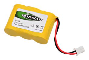 DANTONA INDUSTRIES 3-1/2AA-U Rechargeable Battery, 3.6 V, Nickel Cadmium, 400 mAh, 2/3AA, Connector, 1