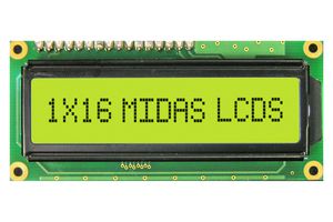 MIDAS DISPLAYS MC11606A6W2-SPR Alphanumeric LCD, 16 x 1, Black on Yellow / Green, 5V, Parallel, English, Japanese, Reflective