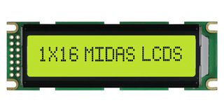 MIDAS DISPLAYS MC11606C6WK-SPTLY Alphanumeric LCD, 16 x 1, Black on Yellow / Green, 5V, Parallel, English, Euro, Transflective