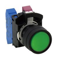 IDEC HW1B-M1P02G Industrial Pushbutton Switch, HW Series, 22 mm, DPST-NC, Momentary, Round Flush, Green