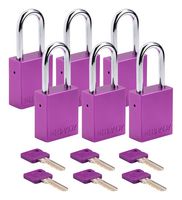 BRADY SDAL-PRP-38ST-KA6 Safety Padlock, Keyed Alike, 0.25" Dia Shackle, Aluminum/Steel, Purple