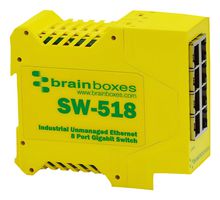 BRAINBOXES SW-518 Switch, 8 Ports, Industrial, Gigabit Ethernet, DIN Rail, RJ45 x 8, 10Mbps, 100Mbps, 1Gbps