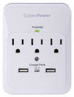 CYBER POWER SYSTEMS CSP300WUR1 Surge Protector, 2 USB Charger, 3 Outlets, NEMA 5-15R, 15 A, 125 V, NEMA 5-15P