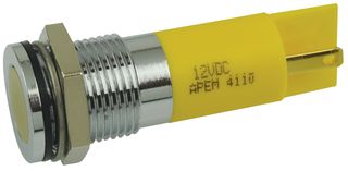 APEM Q14F1CXXY12E LED Panel Mount Indicator, Flush Bezel, Yellow, 12 VDC, 14 mm, 20 mA, 4 mcd, IP67