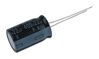RUBYCON 400PX22MEFC12.5X20 Electrolytic Capacitor, Miniature, 22 µF, 400 V, ± 20%, PC Pin, 2000 hours @ 105°C, Polar