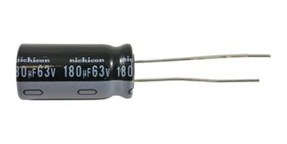 NICHICON UHE1J181MPD1TD Electrolytic Capacitor, Miniature, 180 µF, 63 V, ± 20%, PC Pin, 1000 hours @ 85°C, Polar