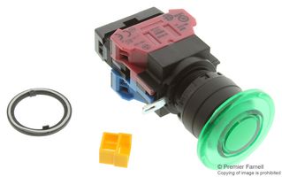 IDEC HW1L-M4F11QD-G-24V Industrial Pushbutton Switch, HW Series, 22.3 mm, SPST-NO, SPST-NC, Momentary, Mushroom, Green