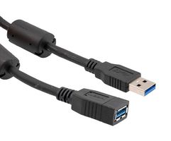 L-COM U3A00090-2M USB Cable, w/ Ferrite, Type A Plug to Type A Receptacle, 2 m, 6.6 ft, USB 3.0, Black
