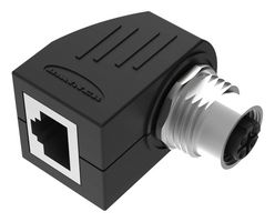 BANNER ENGINEERING BRD-M12DF-PT-RJ45A Connector Adapter, Right Angle, M12, 4 Positions, Receptacle, RJ45, 8 Positions, Receptacle