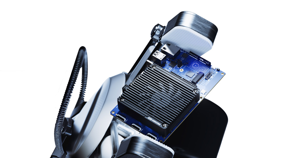 Arduino VENTUNO Q (ABX00181) board with camera mounted on a robot for edge AI applications
