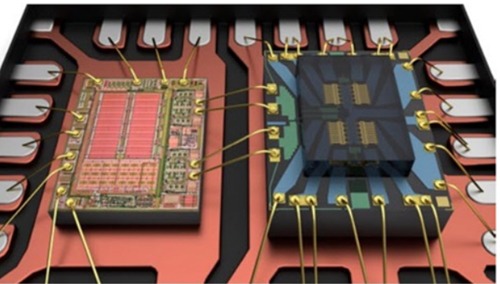 Figure 5: Drive IC (left), MEMS switch die (right) mounted on and wire bonded to a metal lead frame
