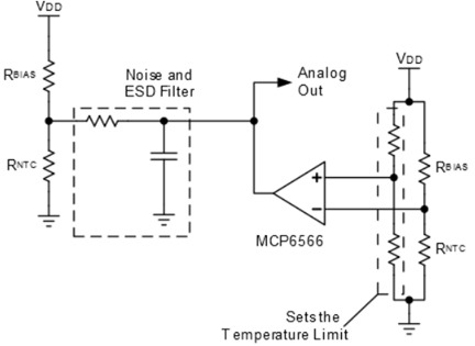 Figure 3: Implementation of a NTC thermistor as a temperature monitor and switch (Source)